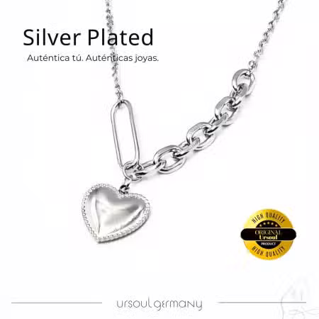 Gargantilla color plata mujer corazón pulido Silver Plated, collar plata eslabón brillante, joya audaz