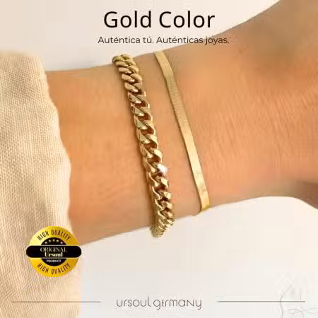 Dúo esclavas doradas mujer Gold Color, pulsera facetada y pulsera listón dorada, joyería elegante