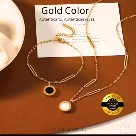 Set gargantilla pulsera mujer dije reversible negro nácar Gold Color, joyería dúo dama