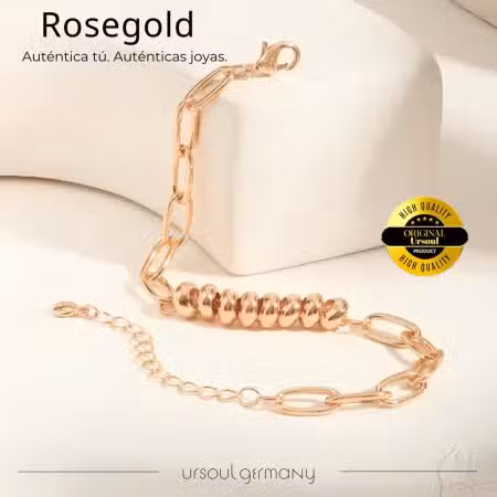 Pulsera Rosegold mujer eslabones elongados cuentas pulidas, brazalete oro rosa elegante, joyería moderna