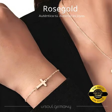 Pulsera Rosegold mujer cadena fina cruz, brazalete oro rosa fe, joyería delicada
