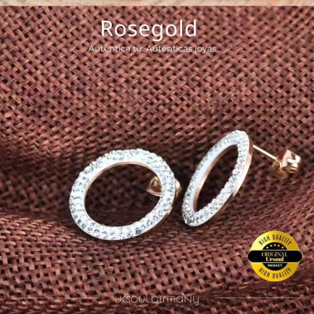 Aretes Rosegold mujer círculo cristales, pendientes oro rosa brillantes, joyería elegante