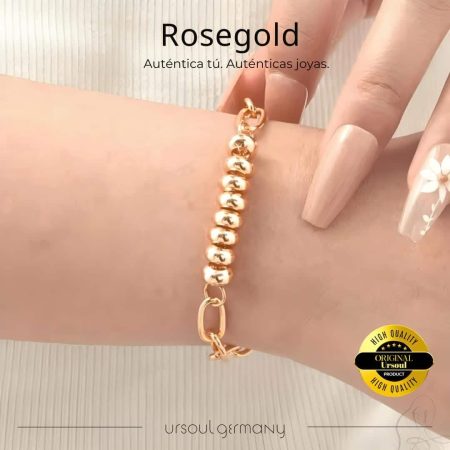 Pulsera Rosegold mujer eslabones elongados cuentas pulidas, brazalete oro rosa elegante, joyería moderna