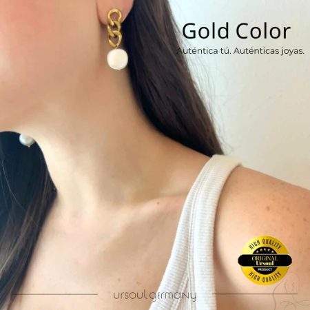 Aretes dorados mujer perla cultivada Gold Color, pendientes oro eslabones orgánicos, joyería artística