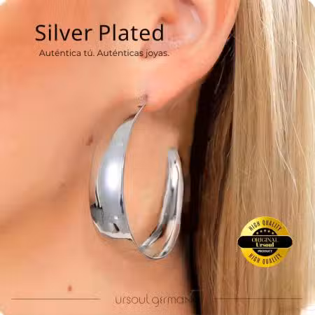 Aretes argolla ancha plata mujer Silver Plated, pendientes grandes pulidos