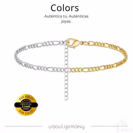 Pulsera doble mujer plata oro Fígaro Colors, brazalete elegante dama bicolor
