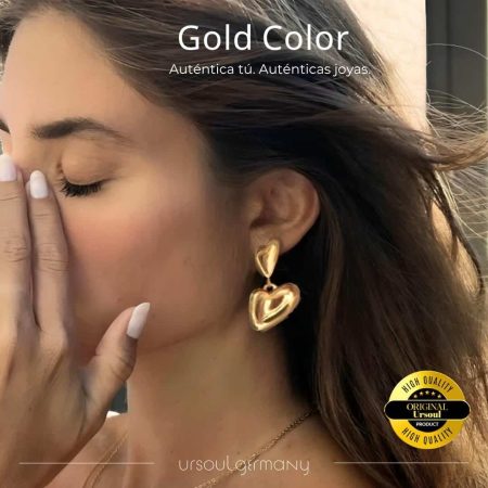 Aretes dorados mujer corazones voluminosos Gold Color, pendientes oro puffy hearts, joyería romántica