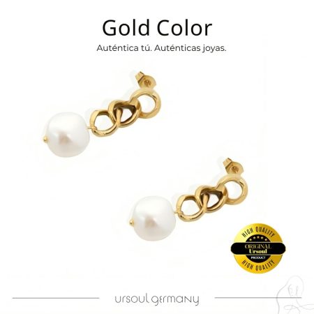 Aretes dorados mujer perla cultivada Gold Color, pendientes oro eslabones orgánicos, joyería artística