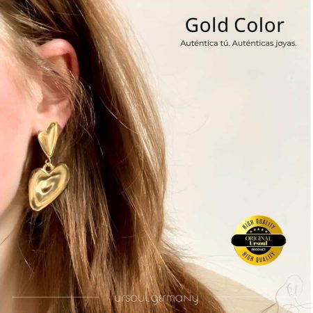 Aretes Gold Color dama con diseño de corazón 3D, pendientes dorados grandes, accesorio amor