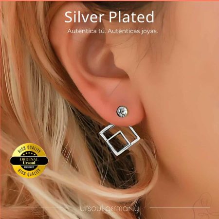 Aretes Silver Plated dama con diseño 3D cuadrado, pendientes elegantes, accesorio vanguardista
