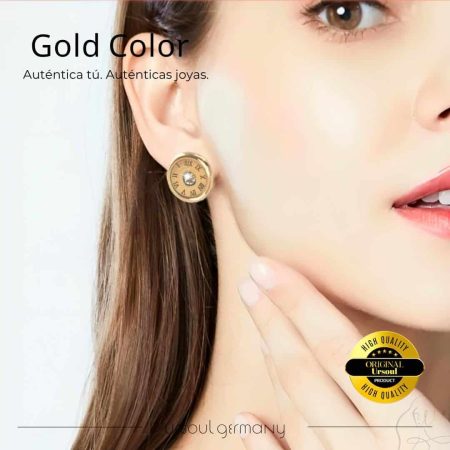 Pendientes dorados mujer, diseño de reloj con cristal, brillo Gold Color, UrSoul Germany