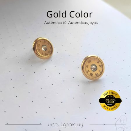Pendientes dorados mujer, diseño de reloj con cristal, brillo Gold Color, UrSoul Germany