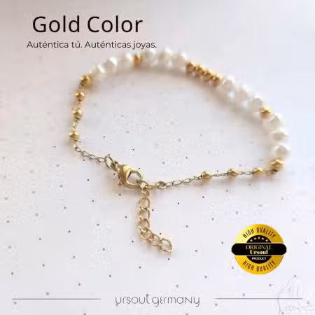 Pulsera dorada mujer cuentas y perlas Gold Color, brazalete perlas imitación, joyería elegante