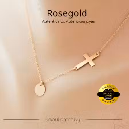 Collar de mujer oro rosa, dije redondo y cruz, accesorio espiritual, UrSoul Germany