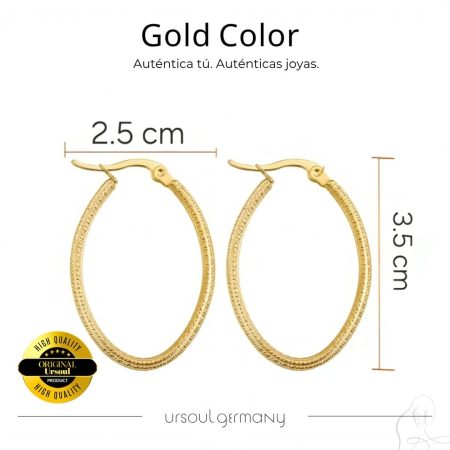 Aretes Gold Color dama diseño oval, pendientes dorados con patrón, accesorio auténtico