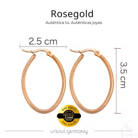 Aretes Rosegold Color dama diseño oval, pendientes oro rosa con patrón, accesorio auténtico