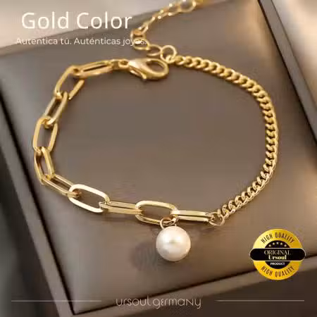 Pulsera femenina Gold Color, perla cultivada, eslabones, joya de autor, UrSoul Germany