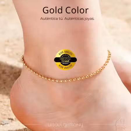 Tobillera dorada mujer mini esferas Gold Color, pulsera tobillo oro brillante, joyería auténtica