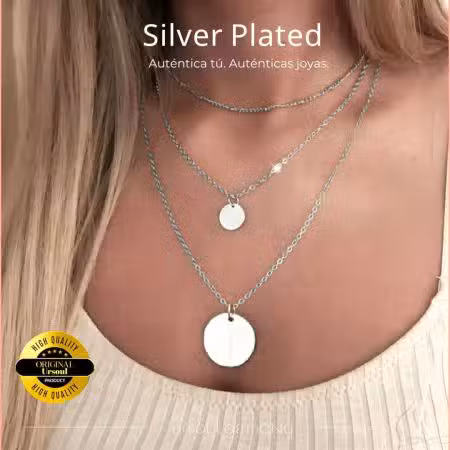 Collar Silver Plated dama diseño de capas, gargantilla plata con dijes circulares, accesorio elegante