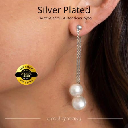 Aretes largos color plata mujer dos perlas Silver Plated, pendientes perla cultivada colgantes