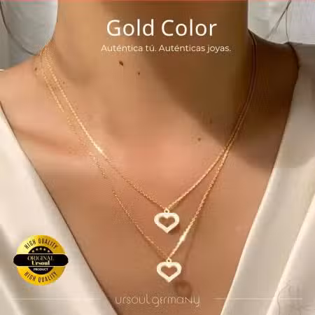 Collar doble dorado mujer corazones cristales Gold Color, gargantilla oro dos corazones brillantes, joyería romántica