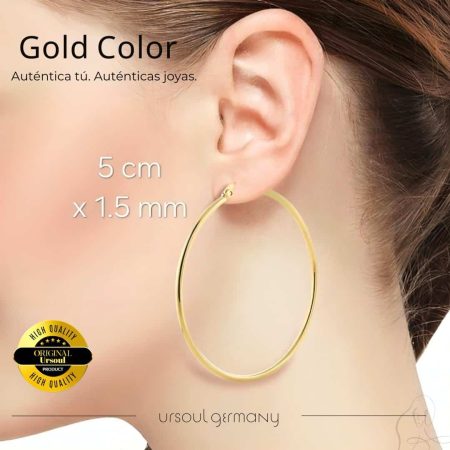Aretes argolla dorados mujer 5cm 1.5mm Gold Color, pendientes oro clásicos, joyería auténtica Guatemala