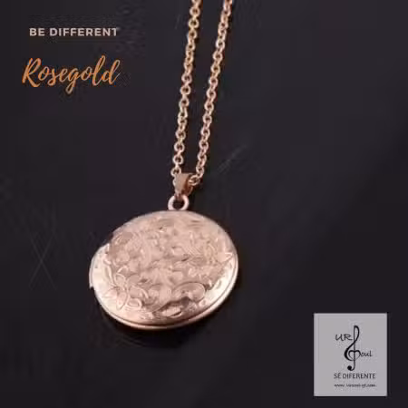 Collar Rosegold mujer relicario redondo Rosegold Color, dije fotos grabado floral Guatemala
