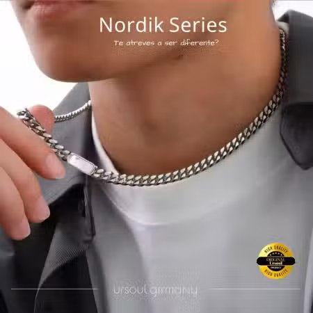 Cadena color plata hombre dije concha nácar rectangular Nordik Series, collar masculino robusto Guatemala