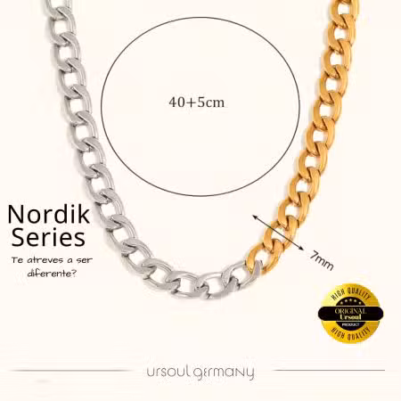 Cadena bicolor hombre Gold Color Silver Plated 7mm Nordik Series, collar oro y plata caballero Guatemala
