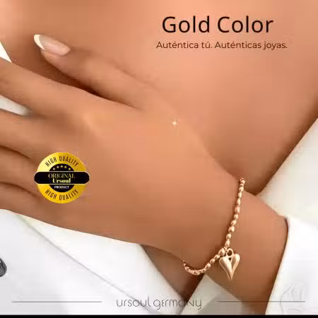 Pulsera dorada mujer corazón dije Gold Color, brazalete oro cuentas, joyería romántica Guatemala