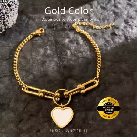 Pulsera dorada mujer corazón concha nácar Gold Color, brazalete estilo Tiffany, joyería auténtica Guatemala