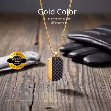 Cadena dorada hombre dije placa fibra de carbono Gold Color, collar táctico lujo caballero Guatemala