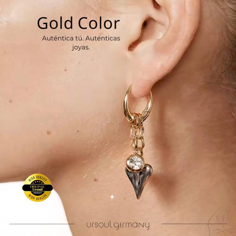 Aretes dorados con corazón plateado y cristal, joyería femenina Ursoul Germany, diseño moderno.