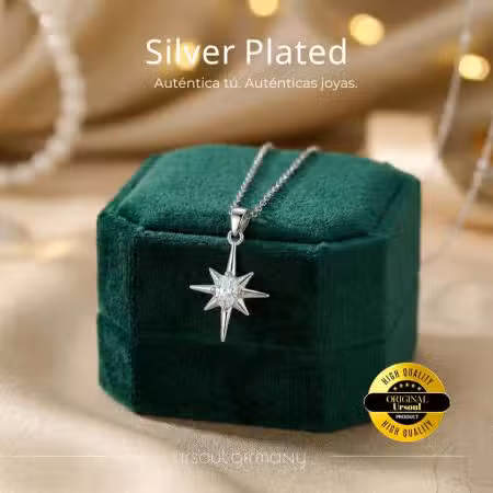 Collar Silver Plated dama diseño estrella con cristal, joyería auténtica, accesorio de guía
