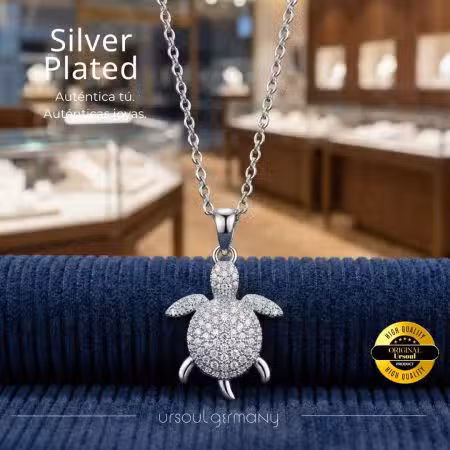 Collar color plata mujer dije tortuga cristal Silver Plated, gargantilla marina Guatemala