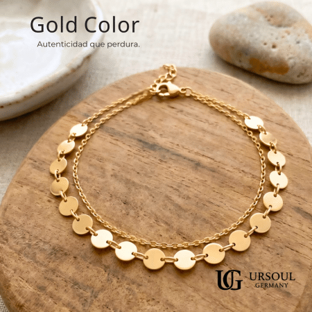 Tobillera doble para dama Gold Color con discos dorados de Ursoul Germany