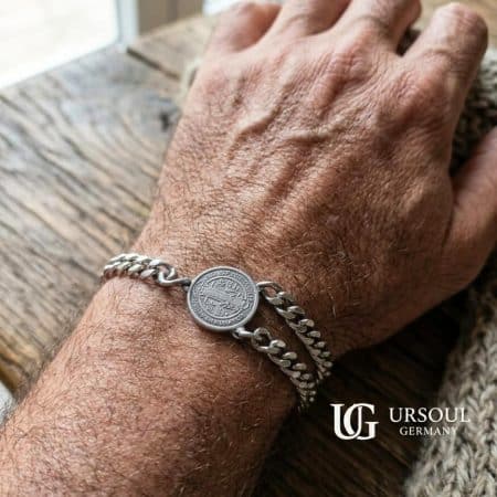 Esclava doble cadena cubana plateada con medalla de San Benito para hombre, Silver Plated Ursoul Germany,