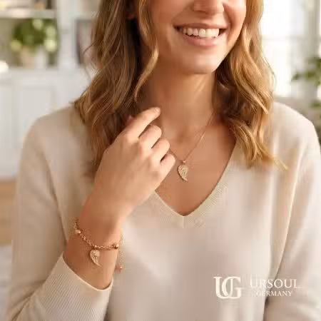 Set cadena y pulsera ala de ángel dorada con cristales para mujer, Gold Color Ursoul Germany, sobre terciopelo teal y en cuello y muñeca con suéter beige