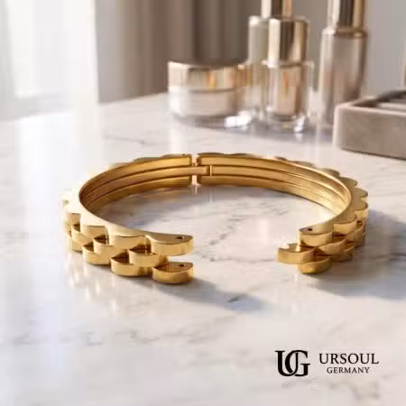 Brazalete rígido dorado diseño presidencial para mujer, Gold Color Ursoul Germany, sobre mármol blanco y sobre muñeca con fondo floral rosa